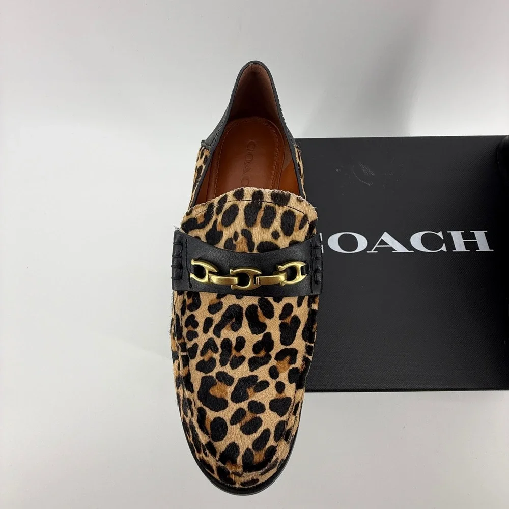 Coach Putnam Leopard Calf Hair Loafers‎ Black Leather Chain G2426 Natural 6.5B